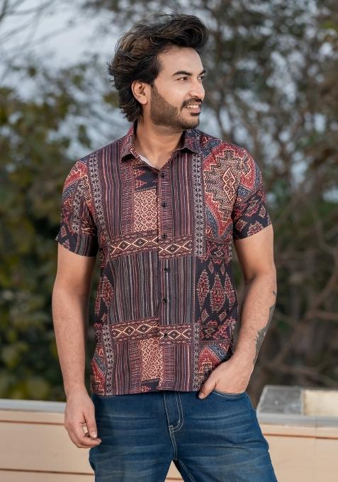 Brown Printed Rayon Shirt For Men