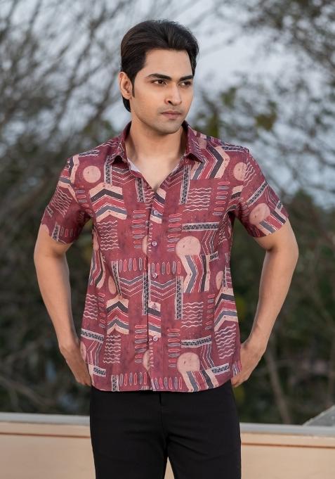 Maroon Printed Rayon Shirt For Men