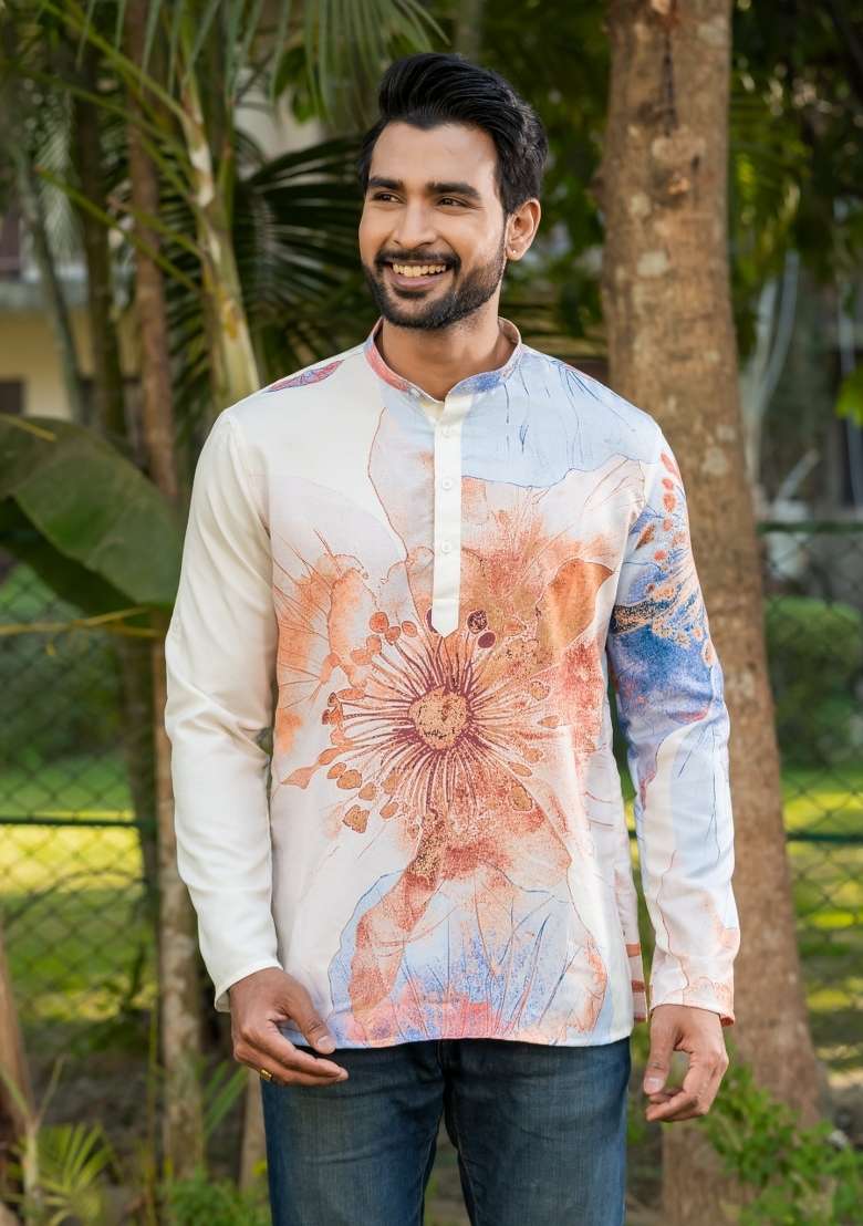 Cream Floral Print Rayon Short Kurta For Men - Indya