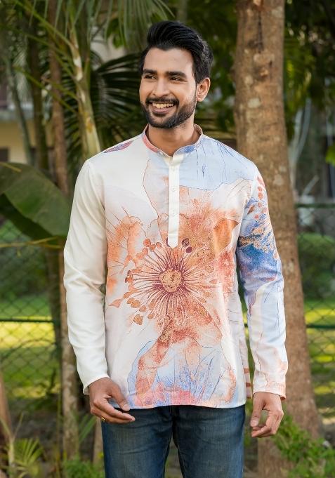 Cream Floral Print Rayon Short Kurta For Men