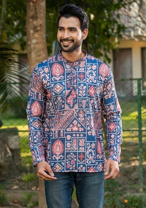 Multicolor Printed Rayon Short Kurta For Men