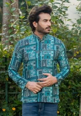 Green Printed Rayon Short Kurta For Men