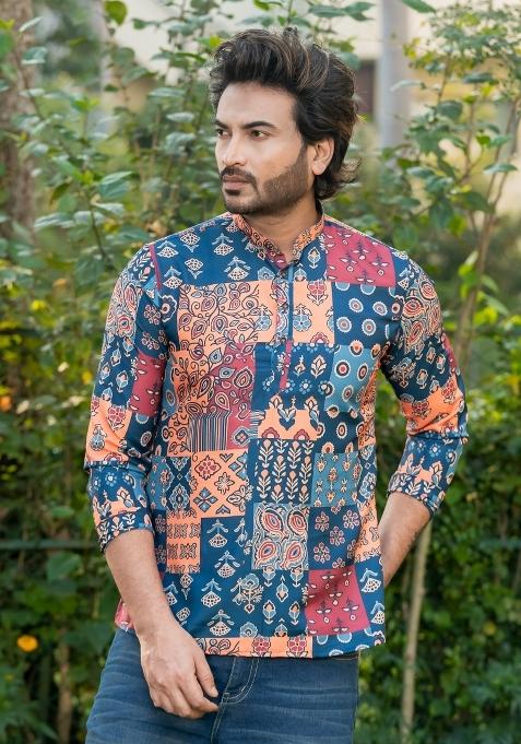 Multicolor Floral Print Rayon Short Kurta For Men