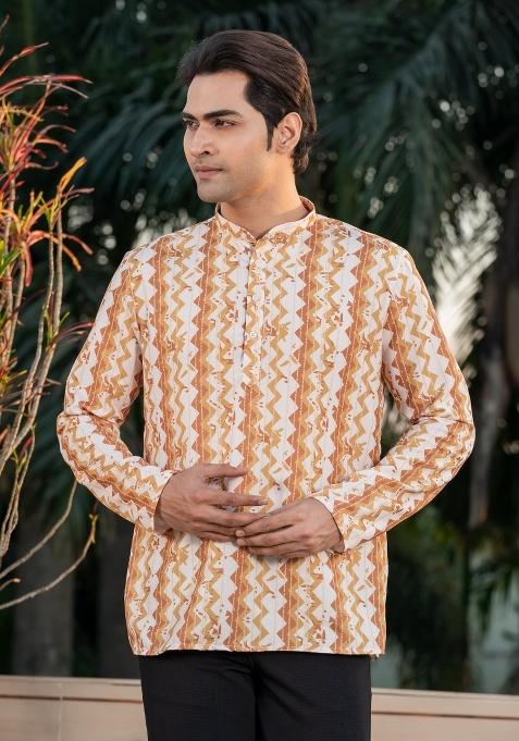 Yellow Zigzag Rayon Short Kurta For Men