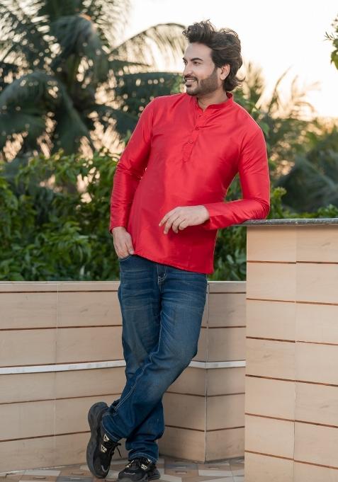 Red Solid Rayon Short Kurta For Men