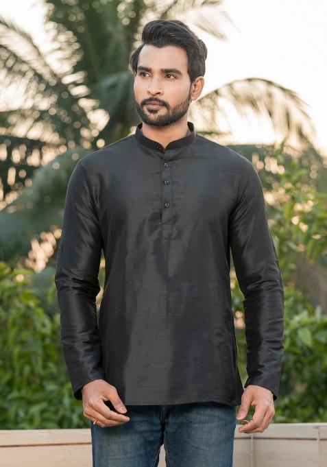 Olive Solid Rayon Short Kurta For Men
