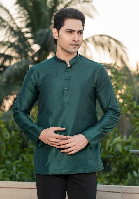 Yellow Solid Rayon Short Kurta For Men