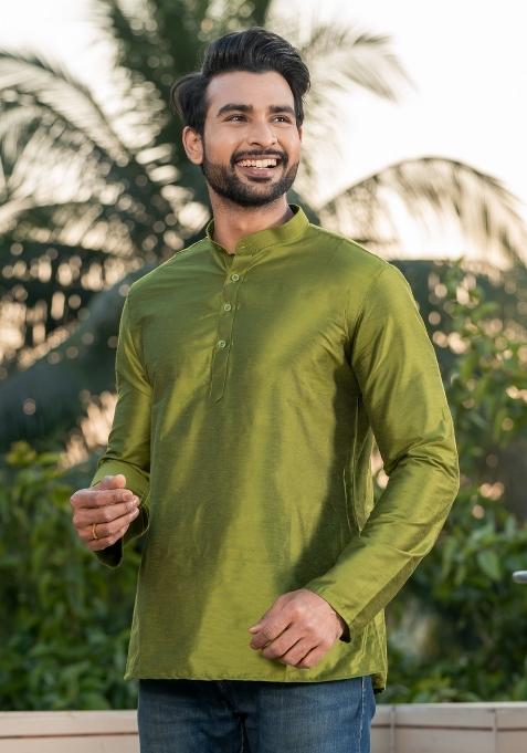 Beige Solid Rayon Short Kurta For Men