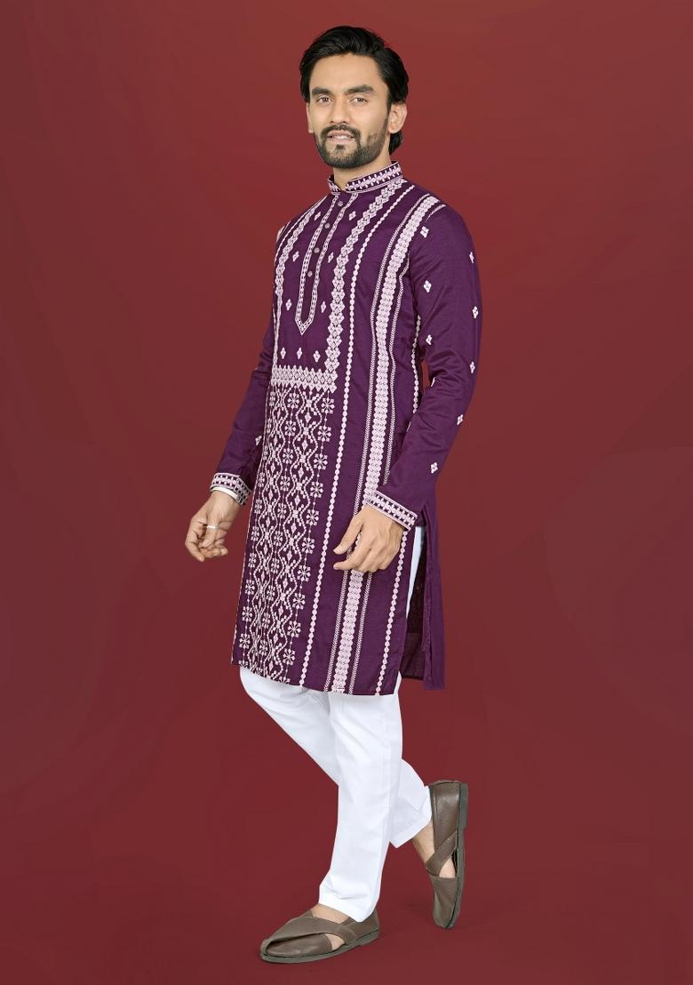 Wine Embroidered Silk Kurta Pajama For Men - Indya