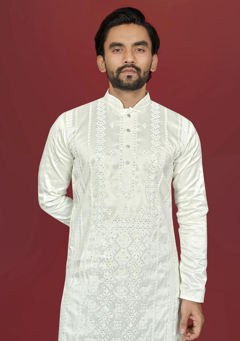 White Embroidered Silk Kurta Pajama For Men - Indya