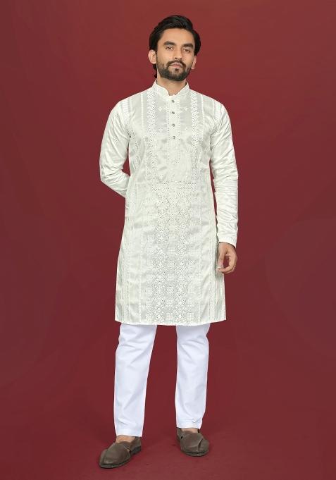 White Embroidered Silk Kurta Pajama For Men