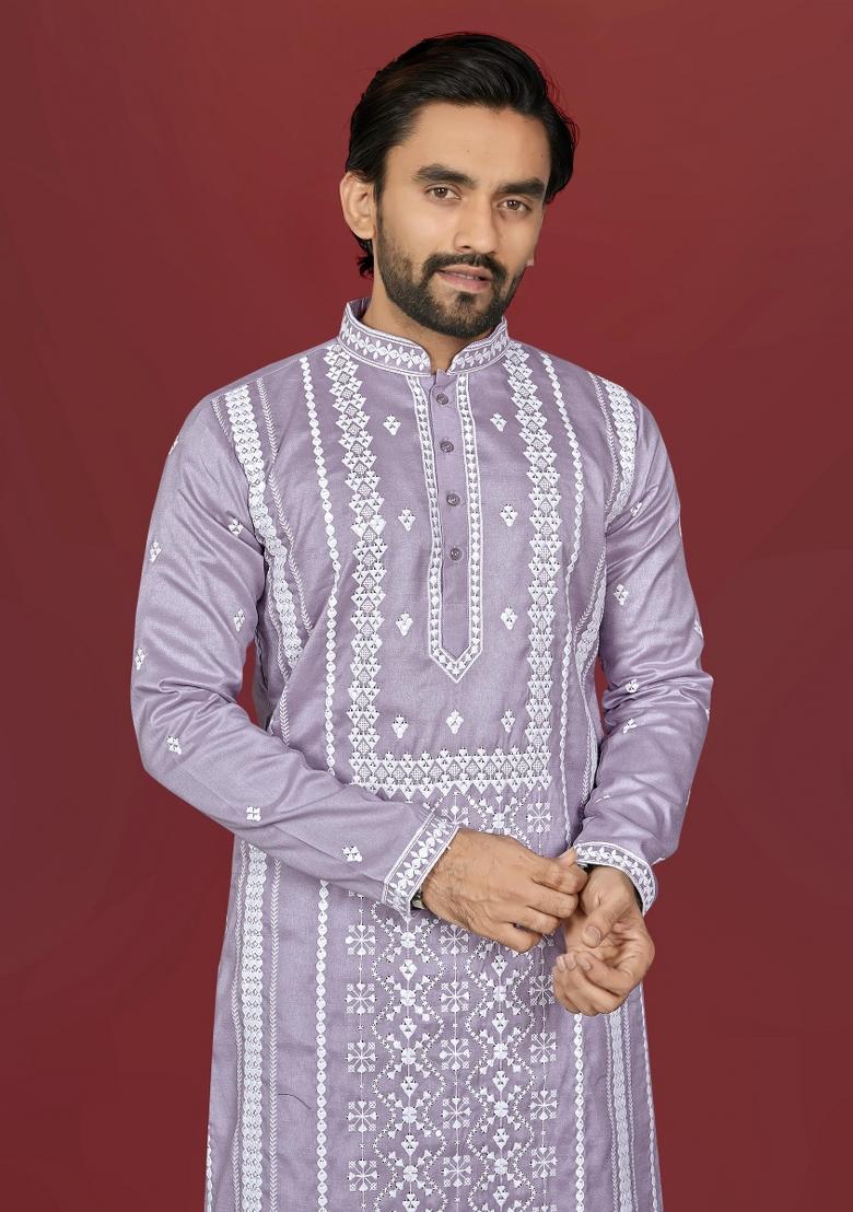 Lavender Embroidered Silk Kurta Pajama For Men - Indya