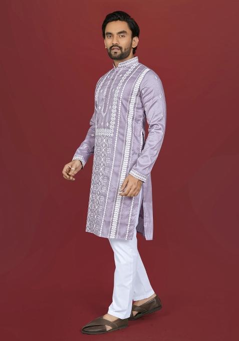 Lavender Embroidered Silk Kurta Pajama For Men
