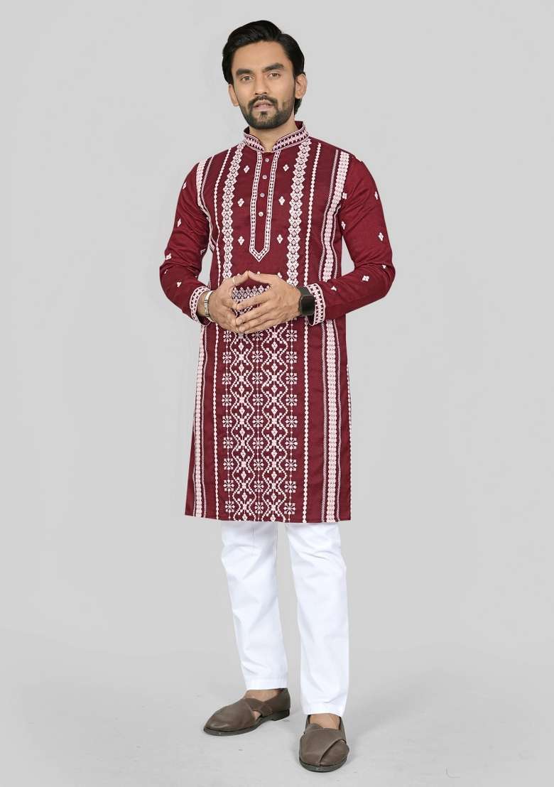 Maroon Embroidered Silk Blend Kurta Pajama For Men - Indya