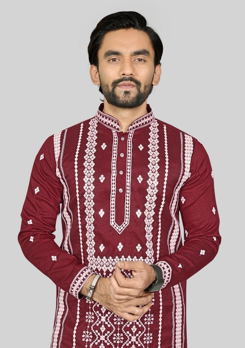 Maroon Embroidered Silk Kurta Pajama For Men - Indya