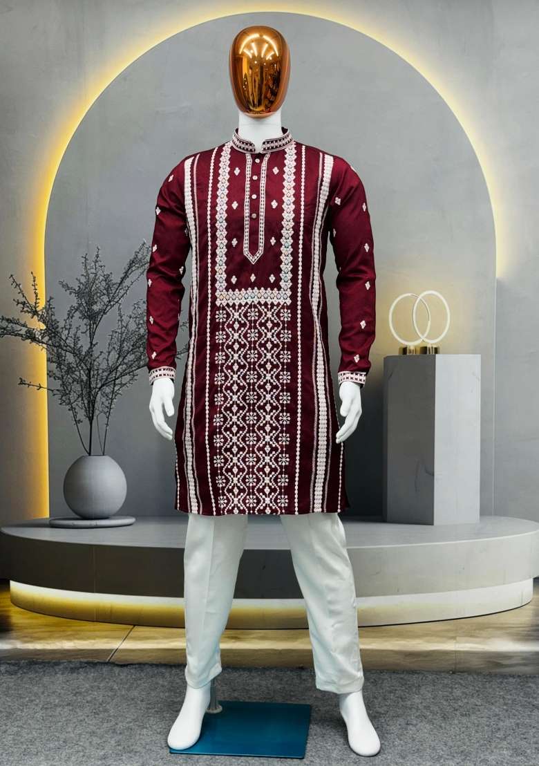 Maroon Embroidered Silk Blend Kurta Pajama For Men - Indya
