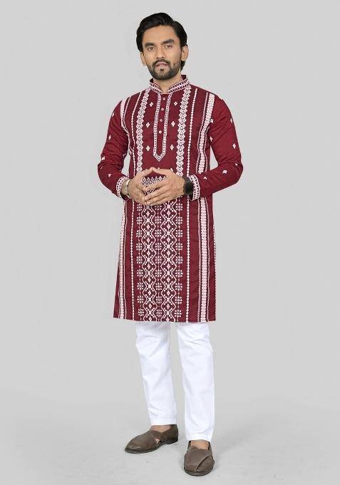 Maroon Embroidered Silk Kurta Pajama For Men