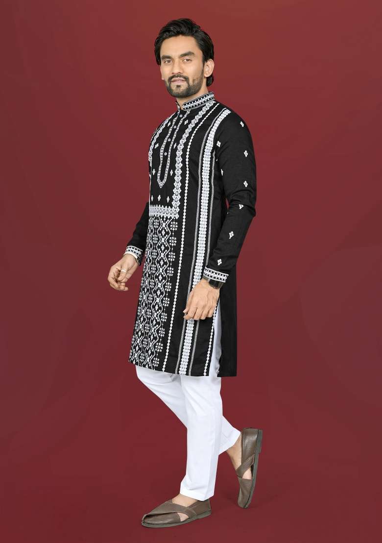 Black Embroidered Silk Blend Kurta Pajama For Men - Indya