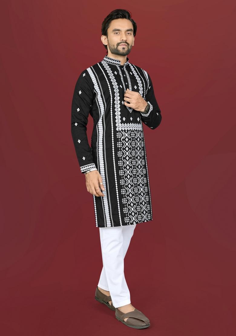 Black Embroidered Silk Kurta Pajama For Men - Indya