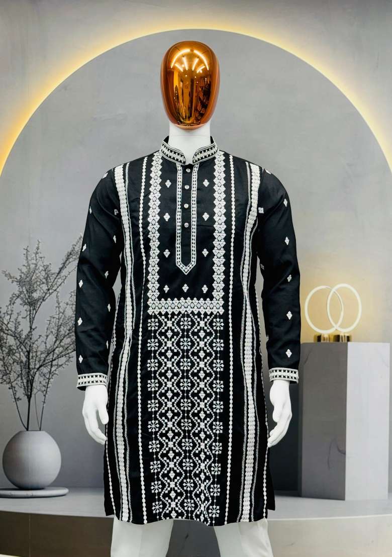 Black Embroidered Silk Blend Kurta Pajama For Men - Indya