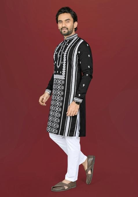 Black Embroidered Silk Kurta Pajama For Men