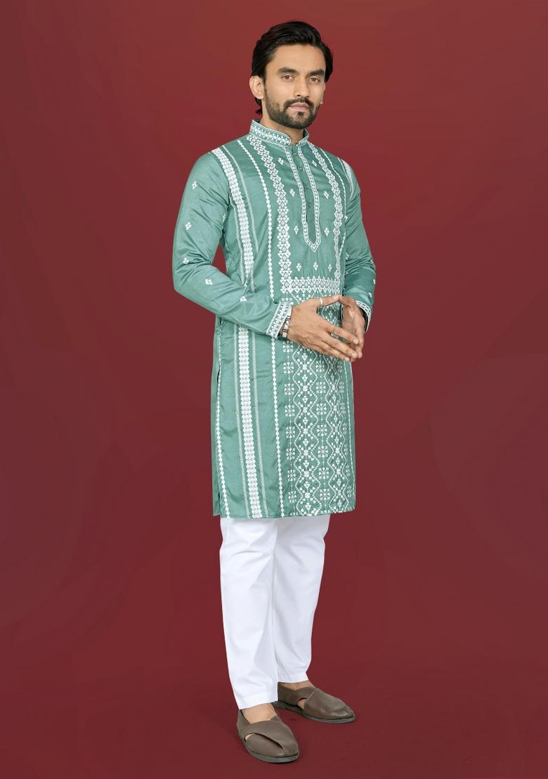 Pista Embroidered Silk Kurta Pajama For Men - Indya