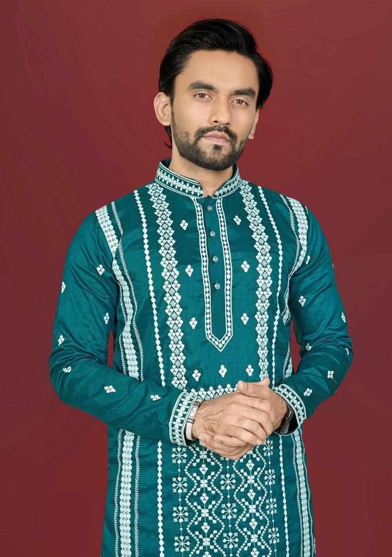 Teal Embroidered Silk Kurta Pajama For Men - Indya