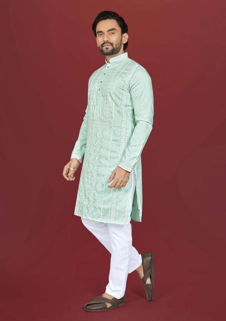 Mint Green Embroidered Silk Blend Kurta Pajama For Men - Indya
