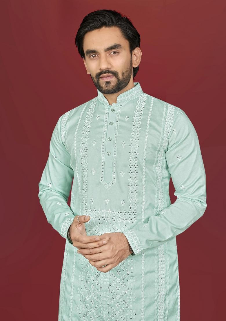 Mint Green Embroidered Silk Kurta Pajama For Men - Indya