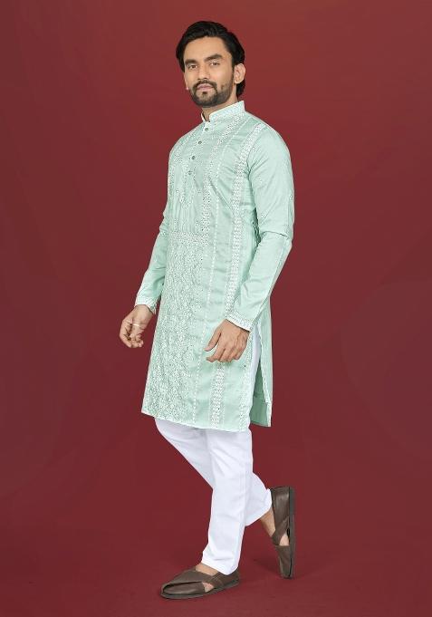Mint Green Embroidered Silk Kurta Pajama For Men