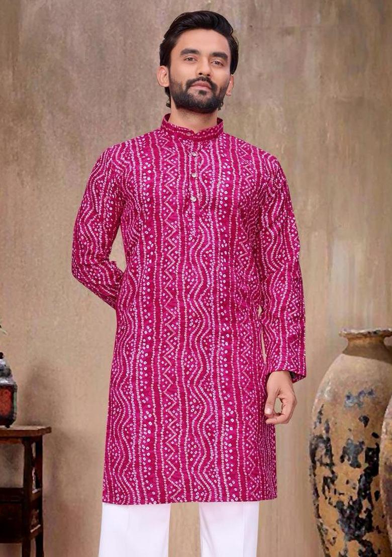 Pink Printed Rayon Kurta Pajama For Men - Indya