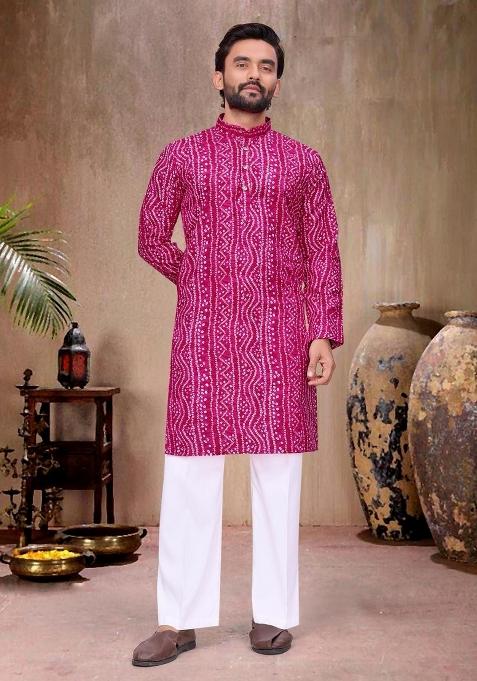 Pink Printed Rayon Kurta Pajama For Men