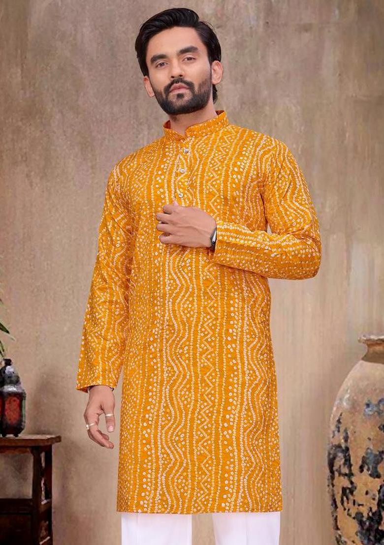 Mustard Printed Rayon Kurta Pajama For Men - Indya