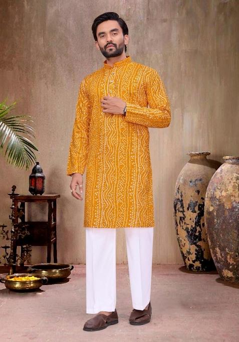 Mustard Printed Rayon Kurta Pajama For Men