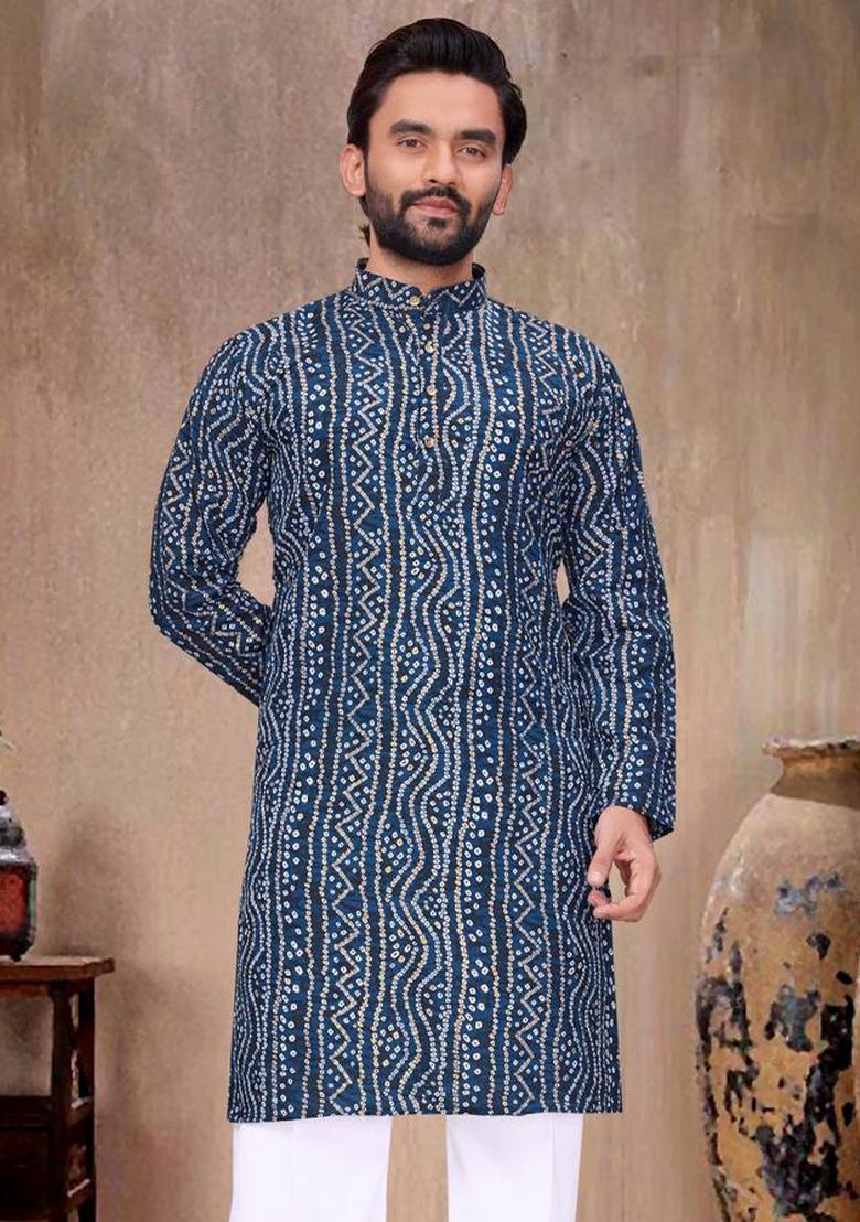 Blue Printed Rayon Kurta Pajama For Men - Indya