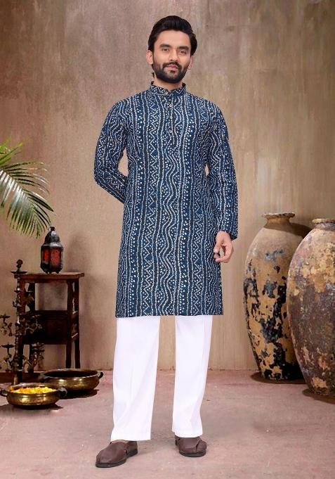 Blue Printed Rayon Kurta Pajama For Men