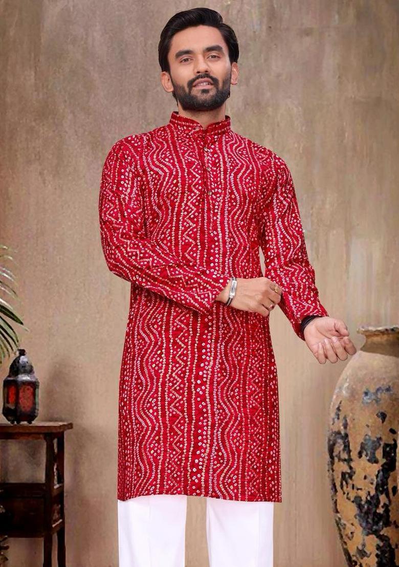 Red Printed Rayon Kurta Pajama For Men - Indya