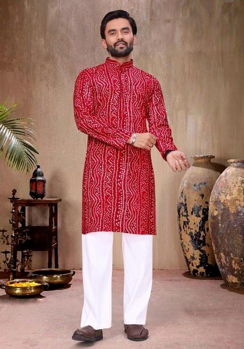 Red Printed Rayon Kurta Pajama For Men