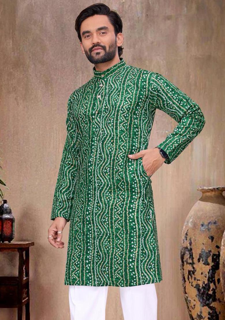Green Printed Rayon Kurta Pajama For Men - Indya