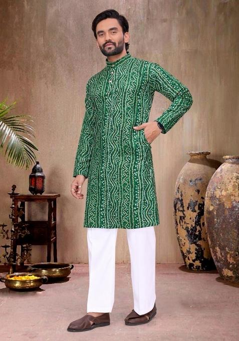 Green Printed Rayon Kurta Pajama For Men