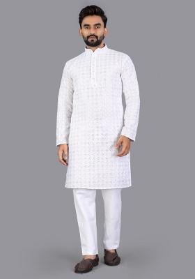 White Embroidered Cotton Kurta Pajama For Men