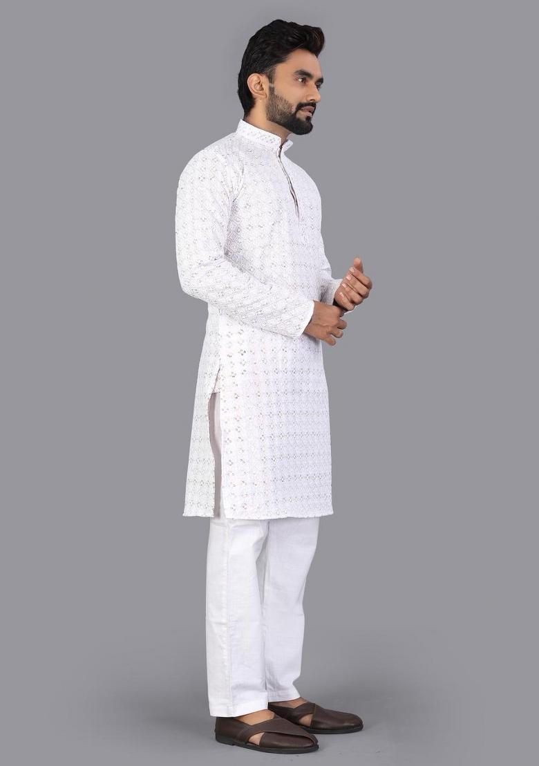 White Embroidered Cotton Kurta Pajama For Men - Indya