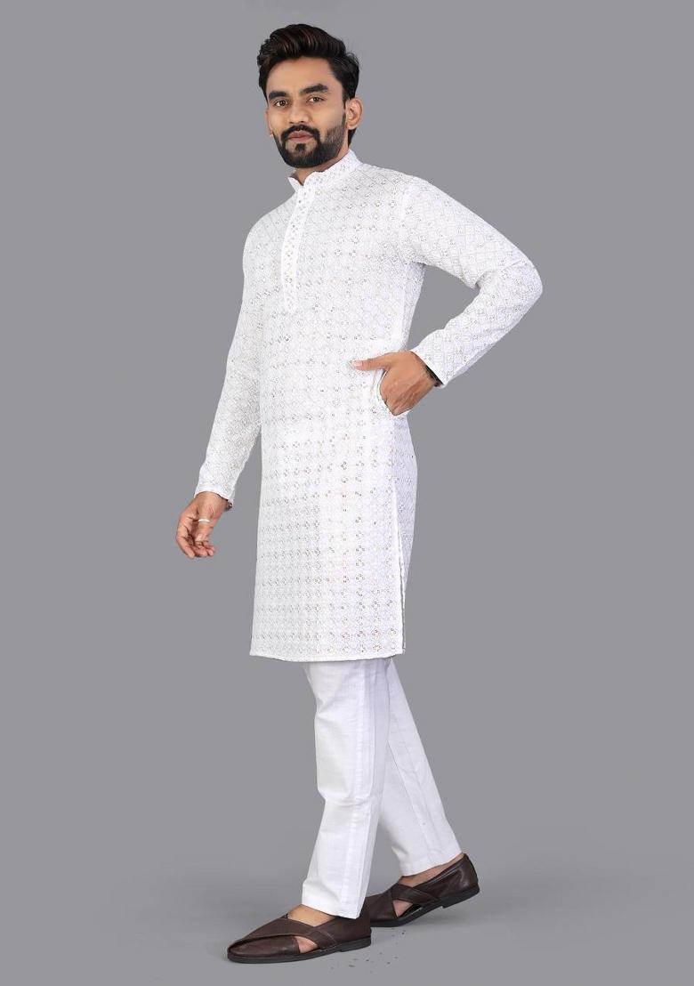 White Embroidered Cotton Kurta Pajama For Men - Indya
