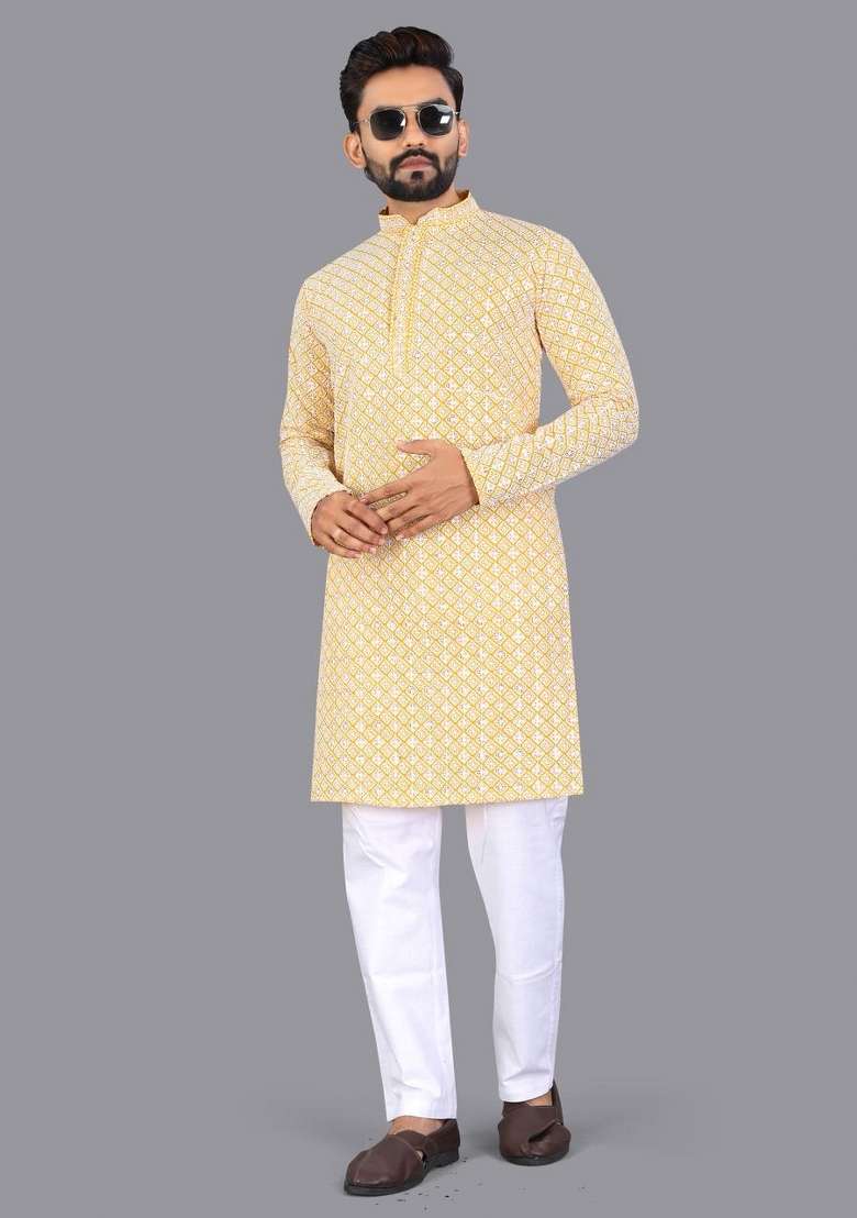 Yellow Embroidered Cotton Kurta Pajama For Men - Indya