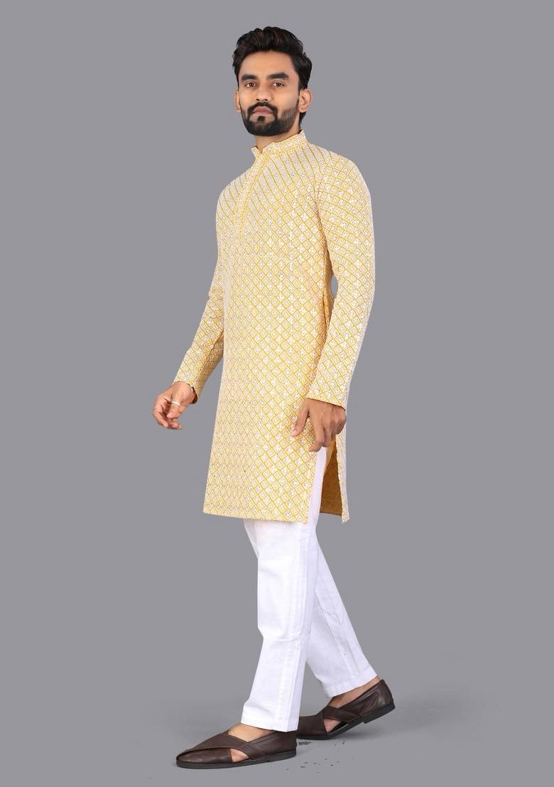 Yellow Embroidered Cotton Kurta Pajama For Men - Indya