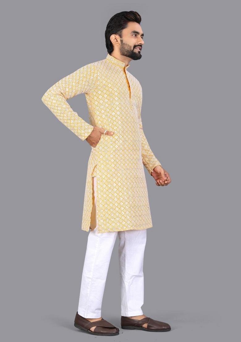 Yellow Embroidered Cotton Kurta Pajama For Men - Indya