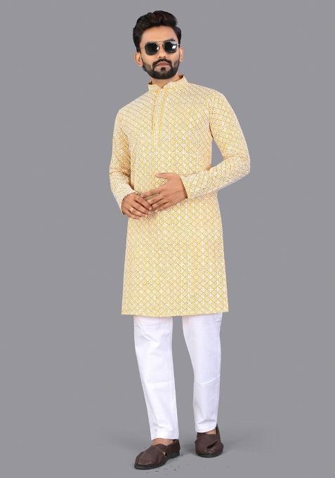 Yellow Embroidered Cotton Kurta Pajama For Men