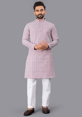 Pink Embroidered Cotton Kurta Pajama For Men