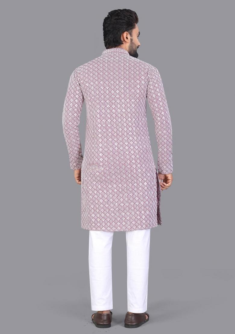 Pink Embroidered Cotton Kurta Pajama For Men - Indya