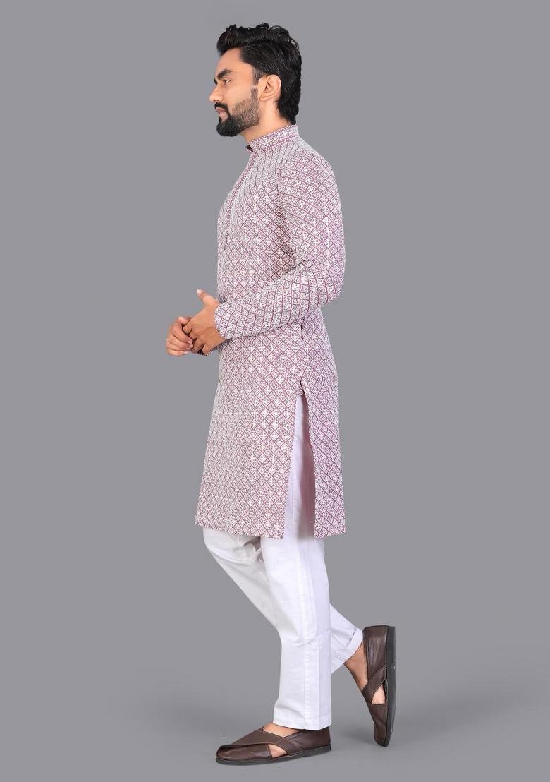 Pink Embroidered Cotton Kurta Pajama For Men - Indya